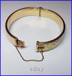 Vintage Engraved Bangle solid 9ct gold Ladies Bracelet safety chain hallmarked